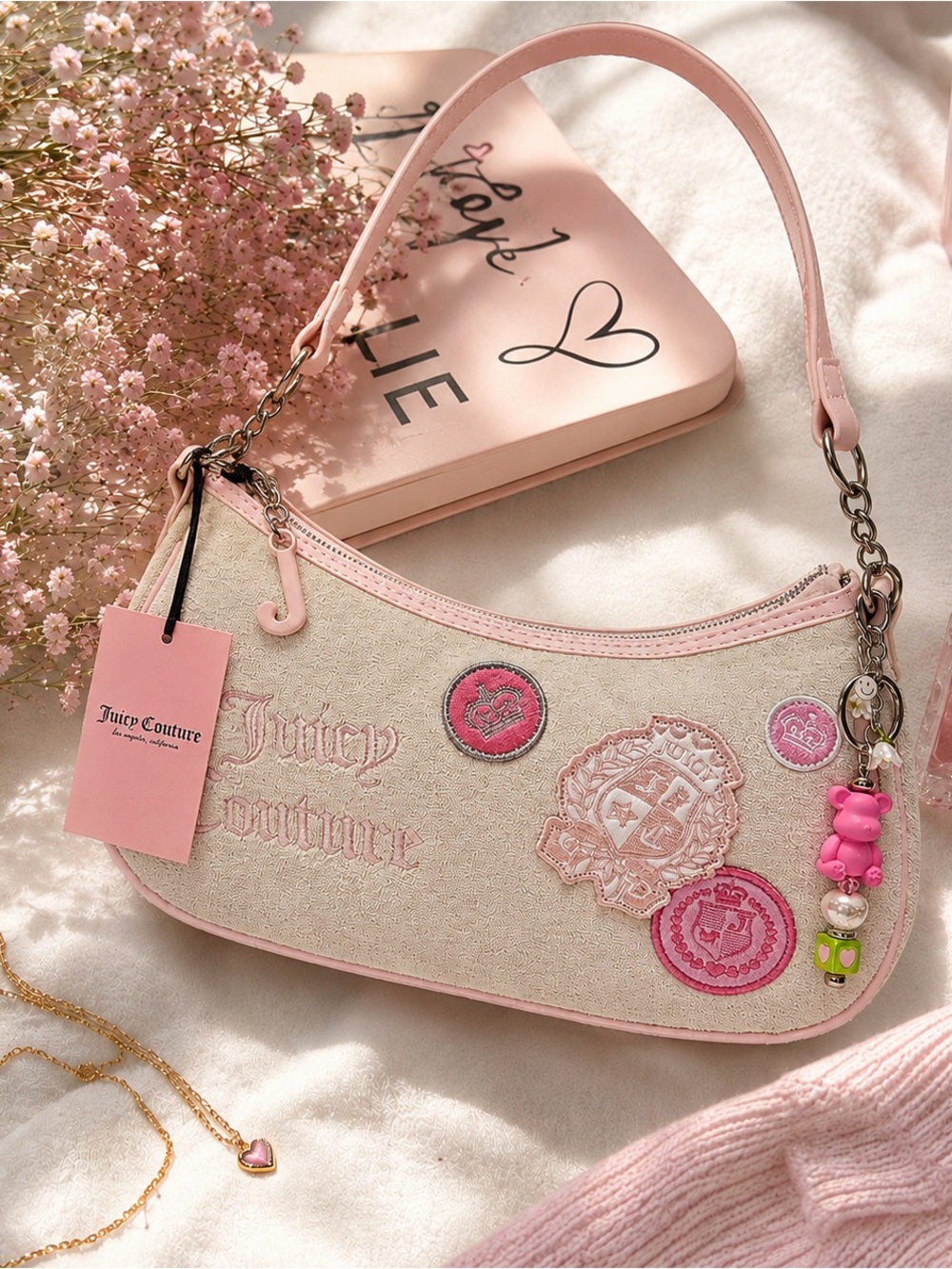 Juicy Couture Y2K Pink Velour Shoulder Bag Purse Charm Embroidered Patches Cute
